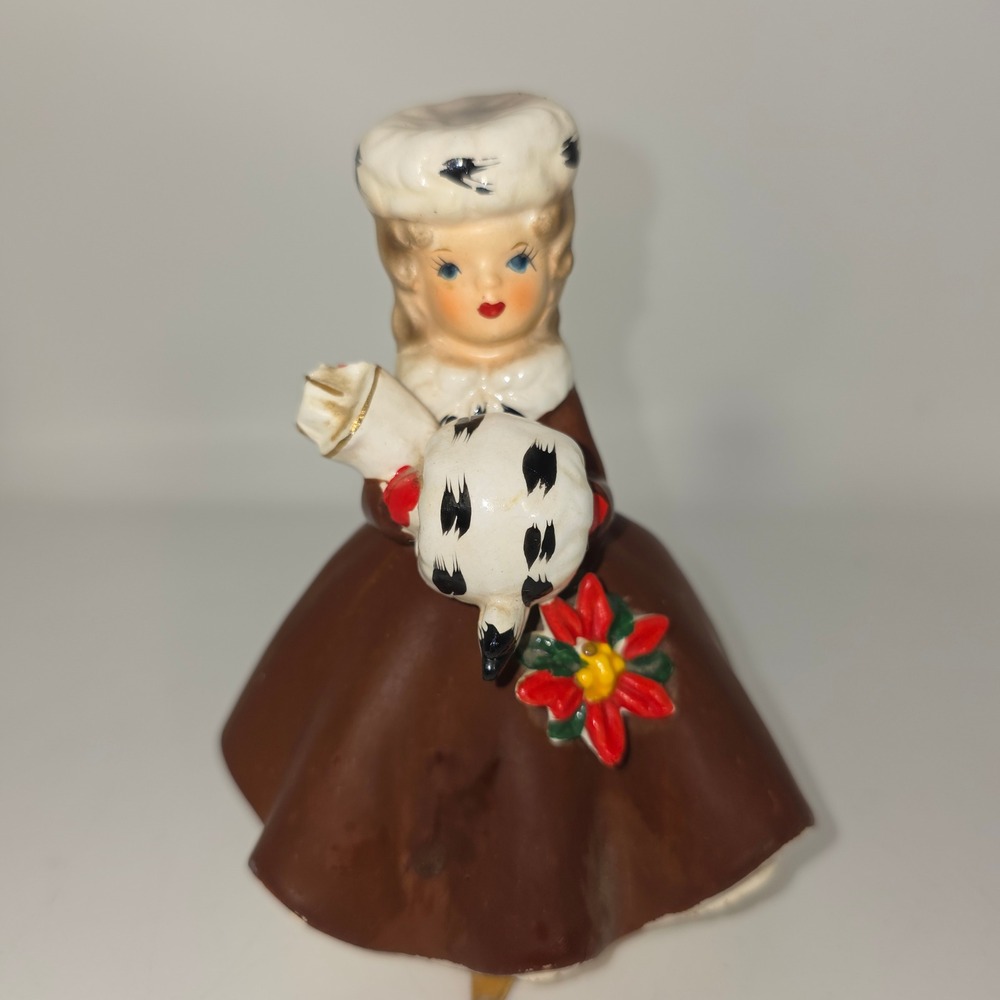 Napcoware Planter Figurine Girl Brown Winter Coat Muff 5.5" Good X6542 Japan